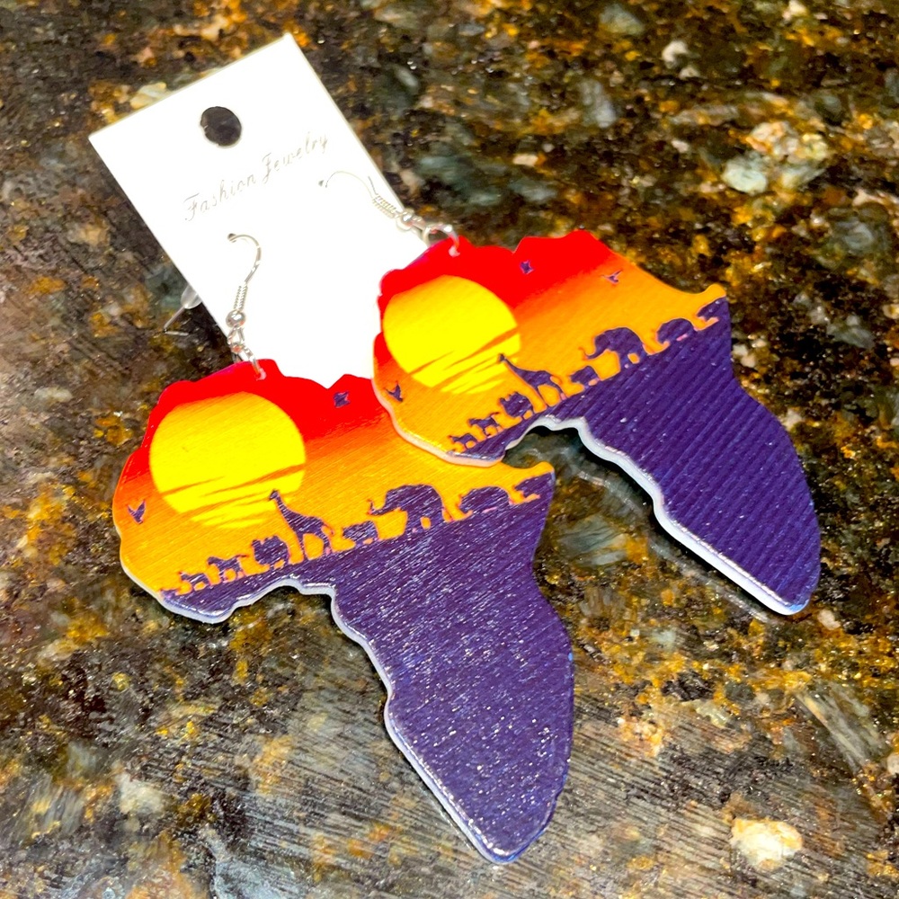 African map sunset animal Wooden Earrings Wood Painted Drop Earrings jewelry new